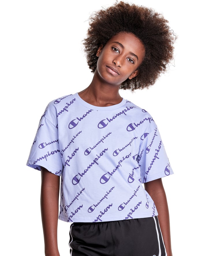 Champion Girls T-Shirt NZ - Boxy Allover Logo Light Purple ( 9648-MZLSK )